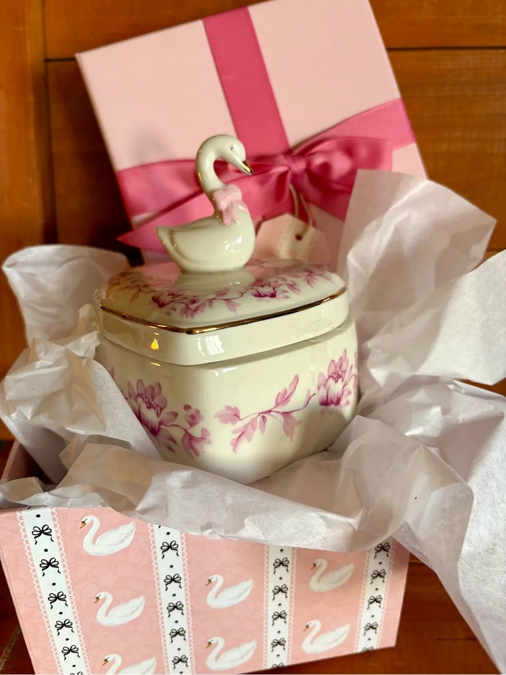 Porcelain Swan Heart Jewelry Trinket With Gift Box, Pink Floral Romantic Gift